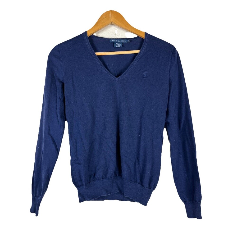 Ralph Lauren Womens Medium Navy Blue V-Neck Sweater Pima Cotton Pony Logo - Picture 2 of 9